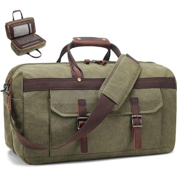 Duffle Bag for Men Waterproof Genuine Leather Canvas Travel Duffel Bags - Picture 1 of 7
